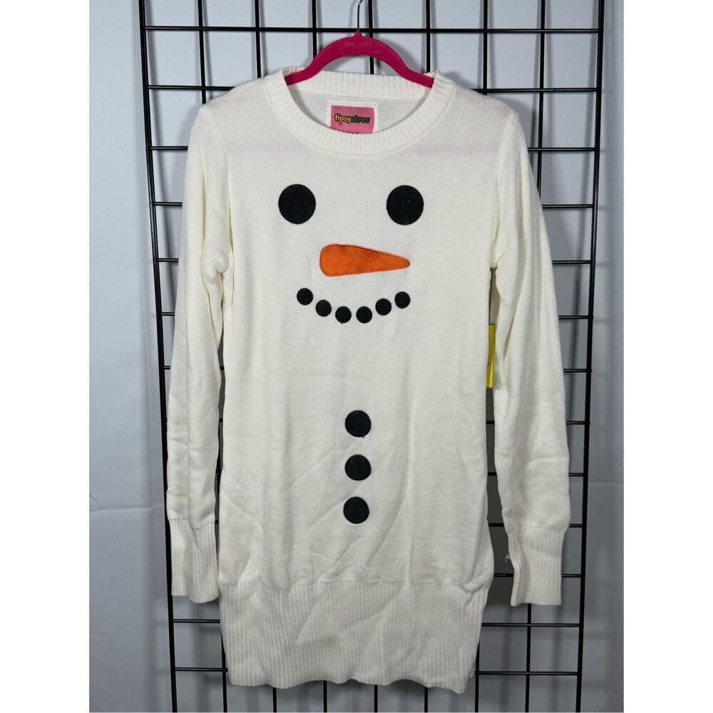 Tipsy Elves Cream Snowman Sweater Dress with Black & Orange Accents